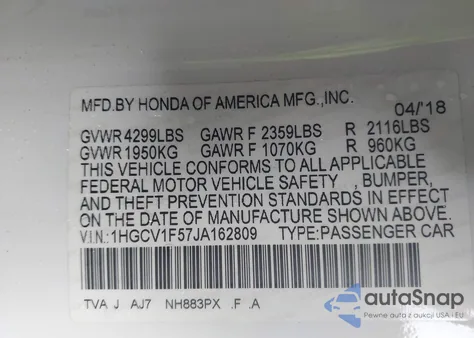 2018 Honda Accord Ex-L z USA, uszkodzony, nr VIN 1HGCV1F57JA162809